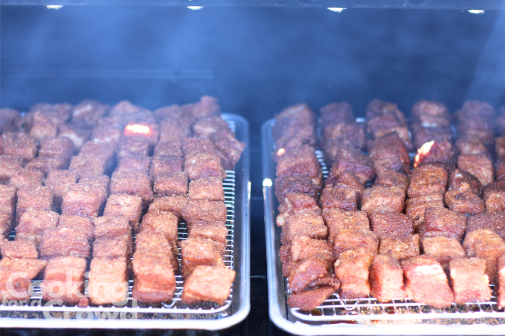 Pork belly burnt ends on smoker