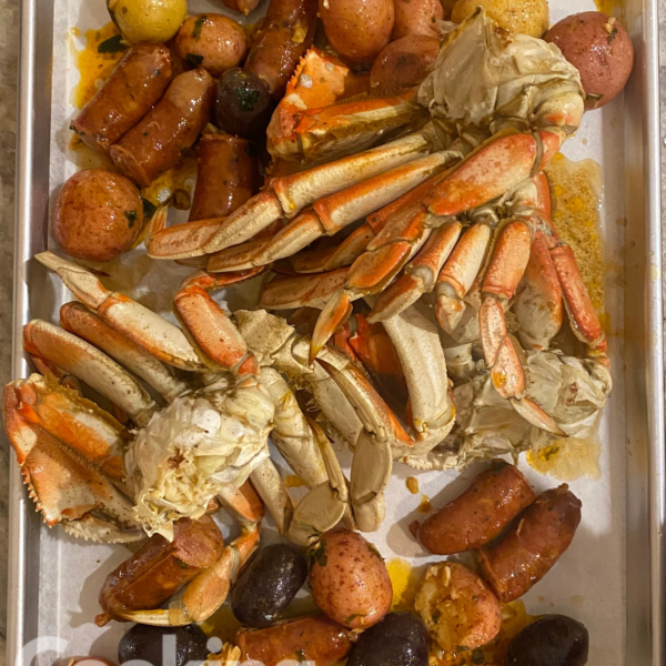 Crab boil on a tray, ready to serve