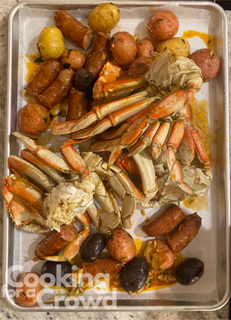 Crab boil on a tray, ready to serve